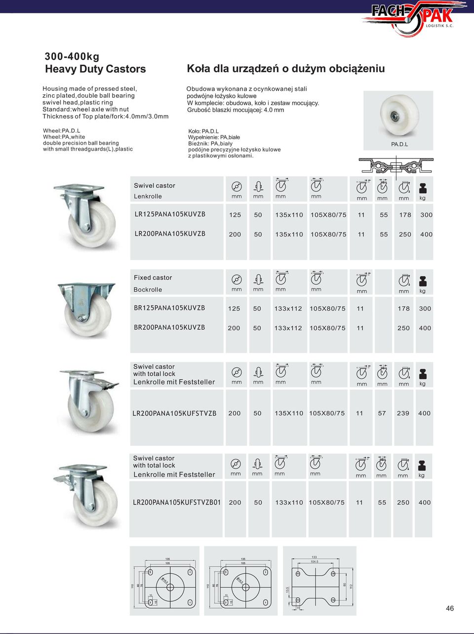 50 x2 X/75 178 300 BR200PANAKUVZB 200 50 x2 X/75 250 400 Lenkrolle mit Feststeller LR200PANAKUFSTVZB 200 50 X0 X/75 57 239 400