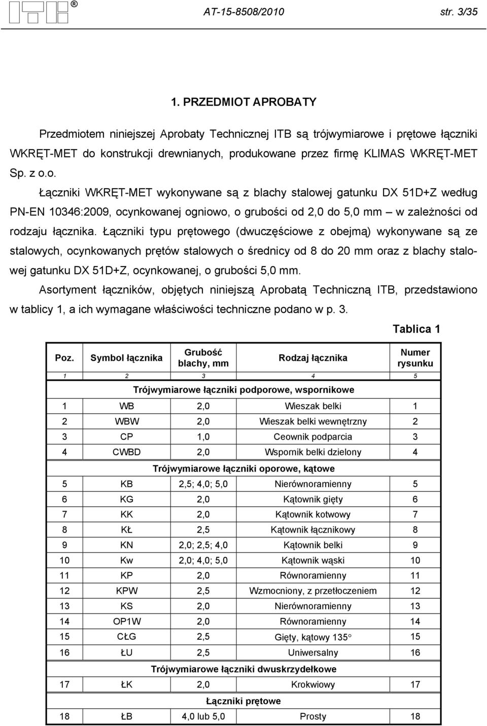 em niniejszej Aprobaty Technicznej ITB są trójwymiarowe i prętowe łączniki WKRĘT-MET do konstrukcji drewnianych, produkowane przez firmę KLIMAS WKRĘT-MET Sp. z o.o. Łączniki WKRĘT-MET wykonywane są z blachy stalowej gatunku DX 51D+Z według PN-EN 10346:2009, ocynkowanej ogniowo, o grubości od 2,0 do 5,0 mm w zależności od rodzaju łącznika.