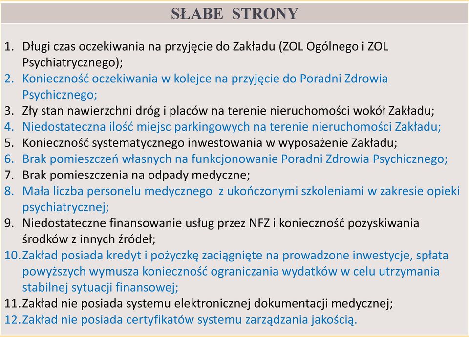 Konieczność systematycznego inwestowania w wyposażenie Zakładu; 6. Brak pomieszczeń własnych na funkcjonowanie Poradni Zdrowia Psychicznego; 7. Brak pomieszczenia na odpady medyczne; 8.