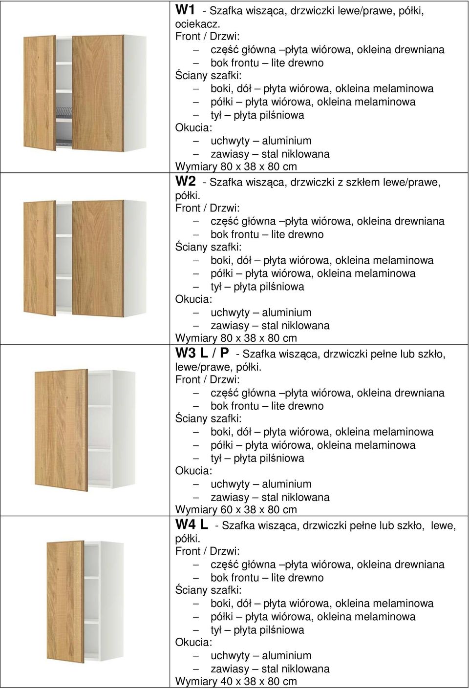 zawiasy stal niklowana Wymiary 80 x 38 x 80 cm W3 L / P - Szafka wisząca, drzwiczki pełne lub