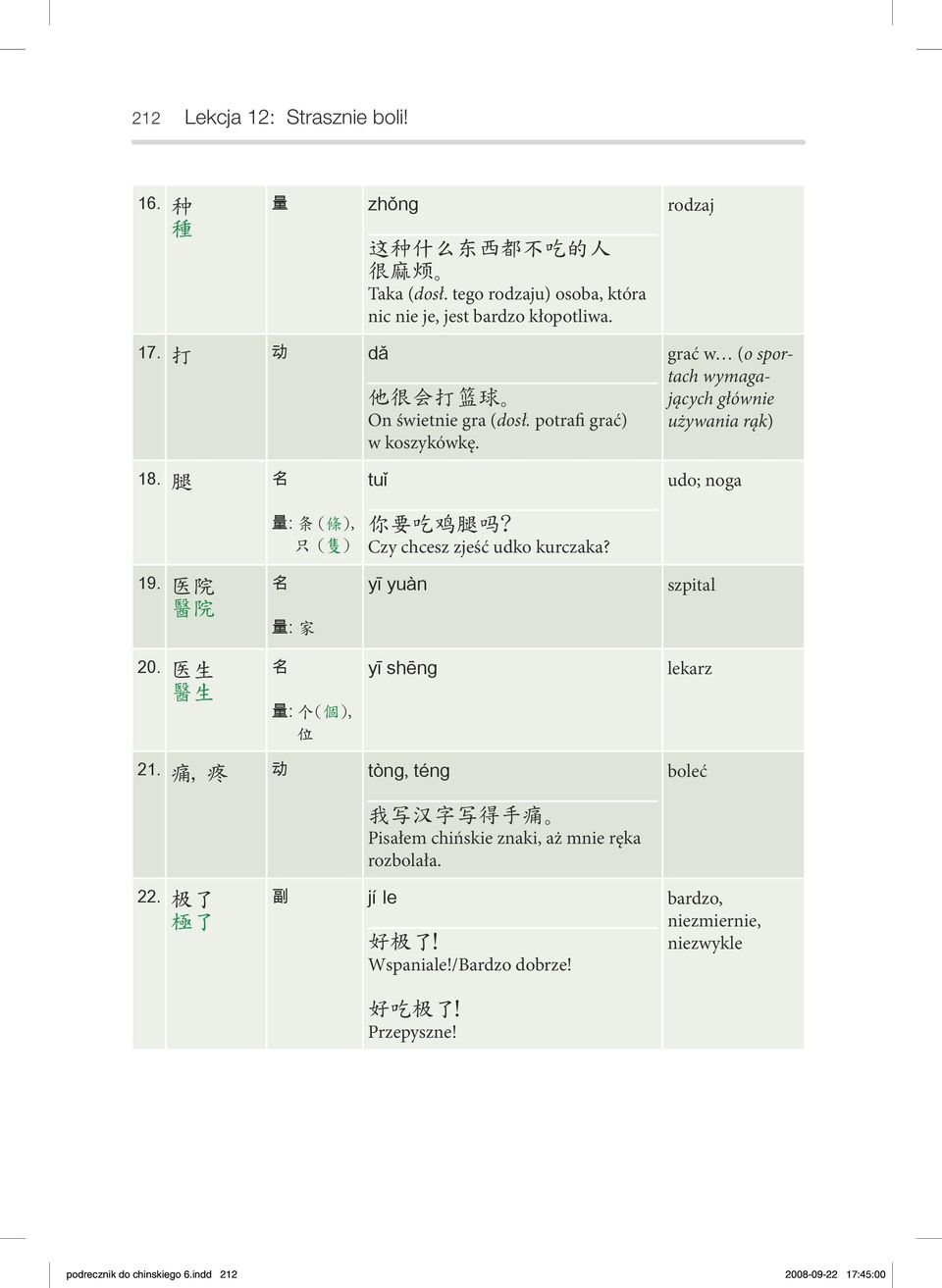 腿名 tuǐ udo; noga 量 : 条 ( 條 ), 只 ( 隻 ) 你要吃鸡腿吗? Czy chcesz zjeść udko kurczaka? 19. 医院醫院 名 量 : 家 yī yuàn szpital 20. 医生醫生 名 量 : 个 ( 個 ), 位 yī shēng lekarz 21.