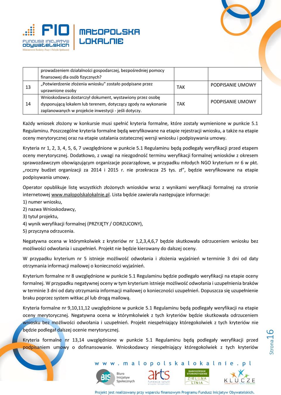 zgody na wykonanie zaplanowanych w projekcie inwestycji - jeśli dotyczy. TAK PODPISANIE UMOWY Każdy wniosek złożony w konkursie musi spełnić kryteria formalne, które zostały wymienione w punkcie 5.