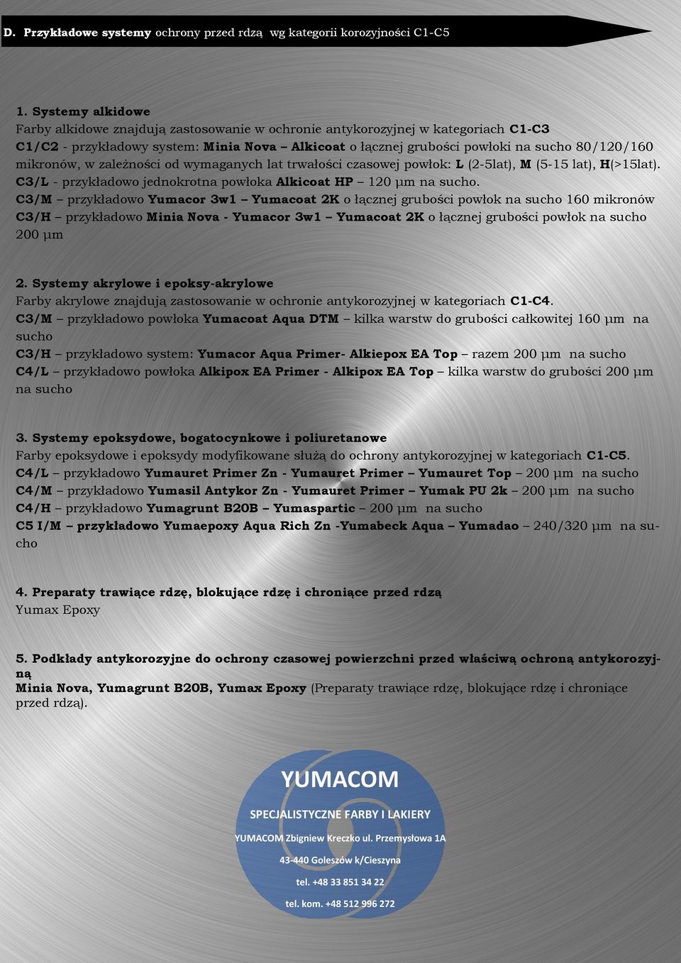 mikronów, w zależności od wymaganych lat trwałości czasowej powłok: L (2-5lat), M (5-15 lat), H(>15lat). C3/L - przykładowo jednokrotna powłoka Alkicoat HP 120 μm na sucho.