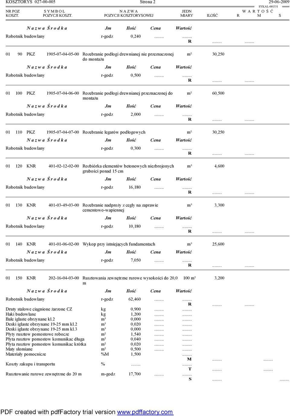 01 100 PKZ 1905-07-04-06-00 Rozebranie podłogi drewnianej przeznaczonej do montażu m² 60,500 Robotnik budowlany r-godz 2,000 01 110 PKZ 1905-07-04-07-00 Rozebranie legarów podłogowych m² 30,250