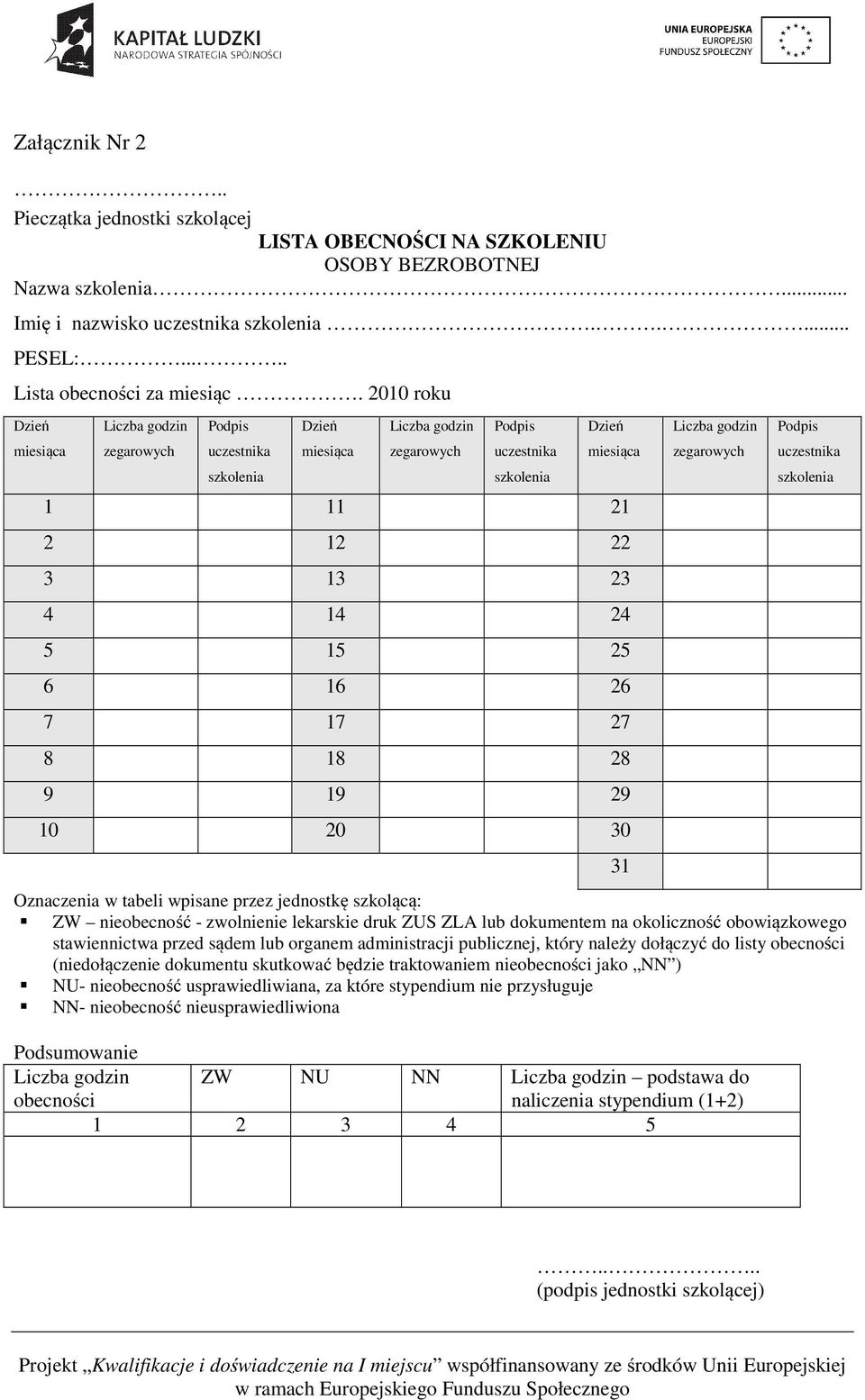 25 6 16 26 7 17 27 8 18 28 9 19 29 10 20 30 31 Liczba godzin zegarowych Podpis uczestnika szkolenia Oznaczenia w tabeli wpisane przez jednostkę szkolącą: ZW nieobecność - zwolnienie lekarskie druk