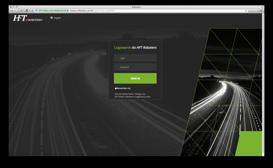 Logowanie Aby zalogować się do platformy transakcyjnej HFT Robotero w przeglądarce internetowej należy wybrać adres: www.robotero.hftbrokers.