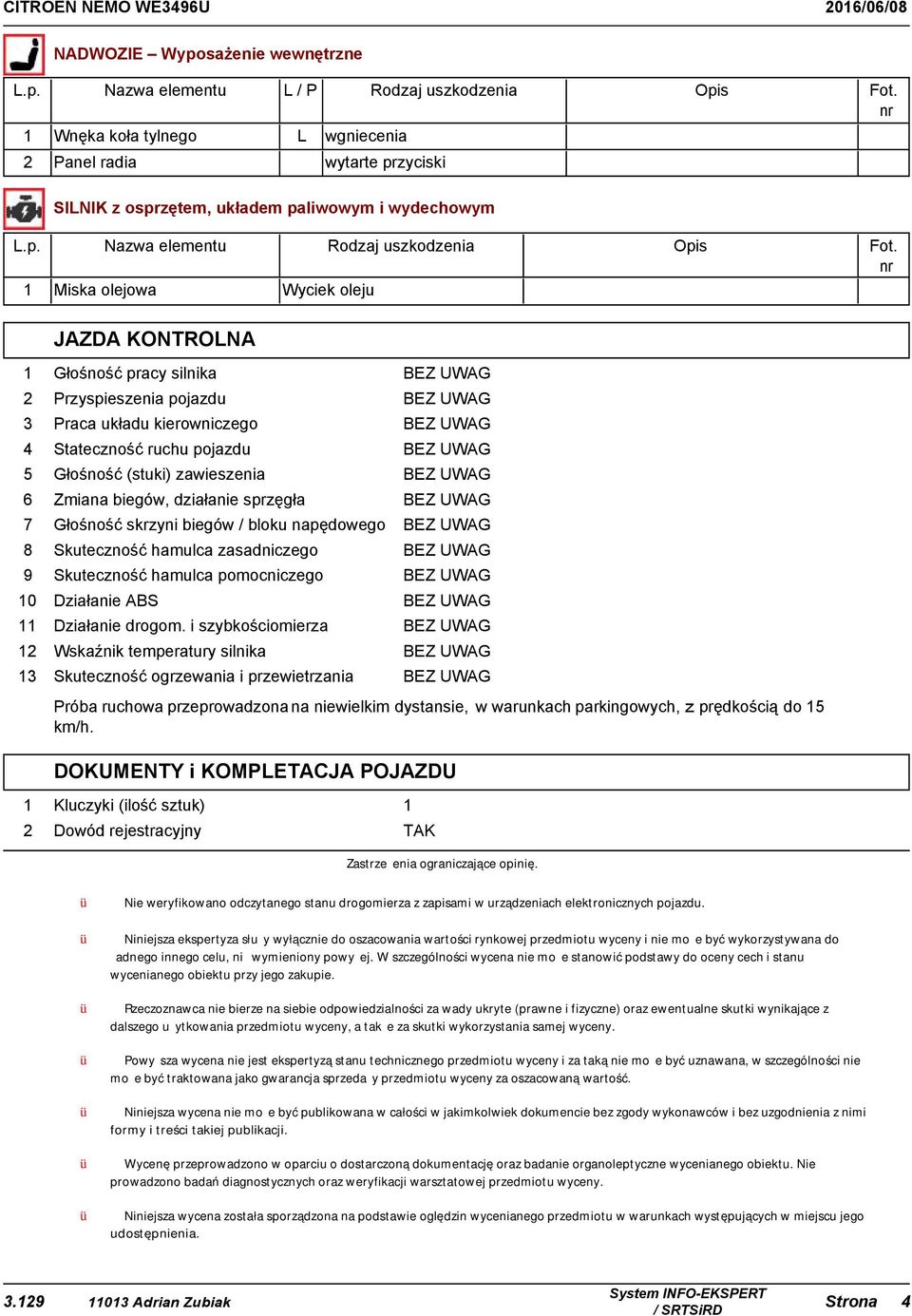 nr Wyciek oleju JAZDA KONTROLNA 1 Głośność pracy silnika BEZ UWAG 2 Przyspieszenia pojazdu BEZ UWAG 3 Praca układu kierowniczego BEZ UWAG 4 Stateczność ruchu pojazdu BEZ UWAG 5 Głośność (stuki)