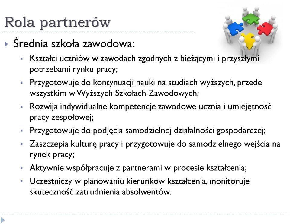 zespołowej; Przygotowuje do podjęcia samodzielnej działalności gospodarczej; Zaszczepia kulturę pracy i przygotowuje do samodzielnego wejścia na rynek