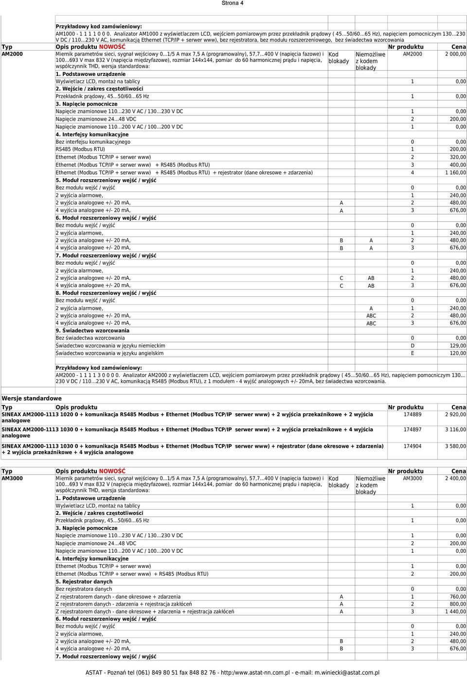 modułu rozszerzeniowego, bez świadectwa wzorcowania NOWOŚĆ M Miernik parametrów sieci, sygnał wejściowy.../5 max 7,5 (programowalny), 57,7...4 V (napięcia fazowe) i Kod.