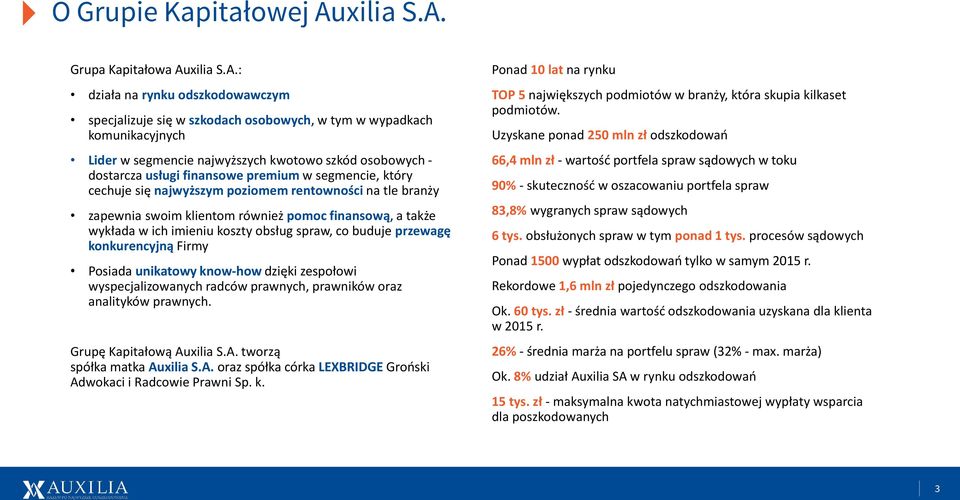 Grupa Kapitałowa Au: działa na rynku odszkodowawczym specjalizuje się w szkodach osobowych, w tym w wypadkach komunikacyjnych Lider w segmencie najwyższych kwotowo szkód osobowych - dostarcza usługi