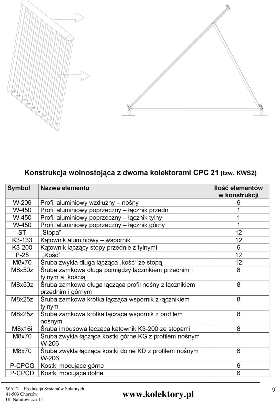 W-450 Profil aluminiowy poprzeczny łącznik górny 1 ST Stopa 12 Kątownik aluminiowy wspornik 12 K3-200 Kątownik łączący stopy przednie z tylnymi 6 P-25 Kość 12 M8x70 Śruba zwykła długa łącząca kość ze