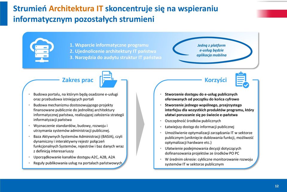 dostosowującego projekty finansowane publicznie do jednolitej architektury informatycznej państwa, realizującej założenia strategii informatyzacji państwa Wyznaczenie standardów, budowy, rozwoju i