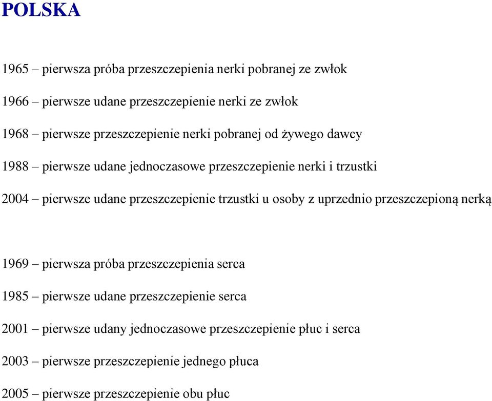 przeszczepienie trzustki u osoby z uprzednio przeszczepioną nerką 1969 pierwsza próba przeszczepienia serca 1985 pierwsze udane