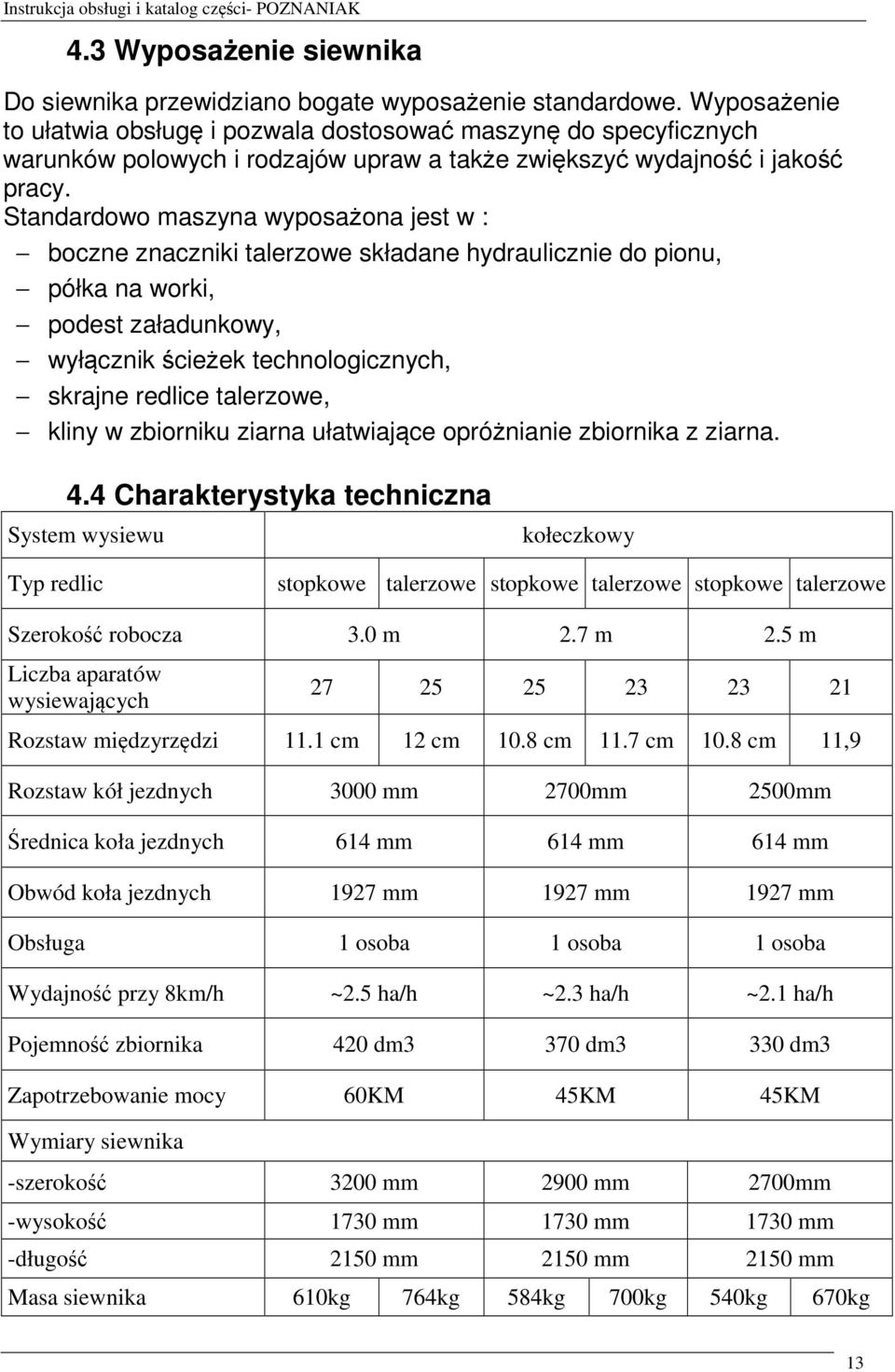 Standardowo maszyna wyposażona jest w : boczne znaczniki talerzowe składane hydraulicznie do pionu, półka na worki, podest załadunkowy, wyłącznik ścieżek technologicznych, skrajne redlice talerzowe,