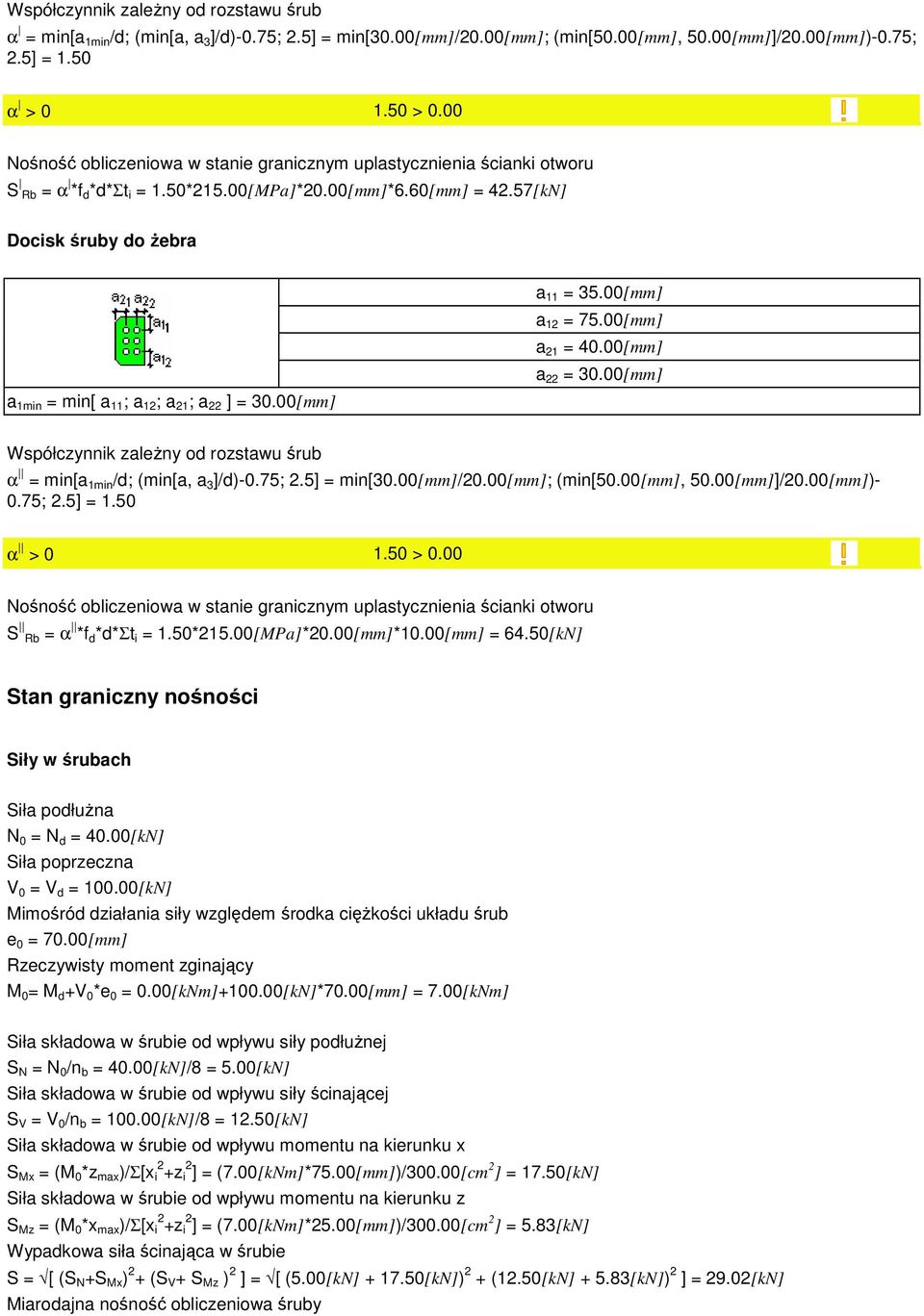 57[kN] Docisk śruby do żebra a 1min = min[ a 11 ; a 12 ; a 21 ; a 22 ] = 30.00[mm] a 11 = 35.00[mm] a 12 = 75.00[mm] a 21 = 40.00[mm] a 22 = 30.