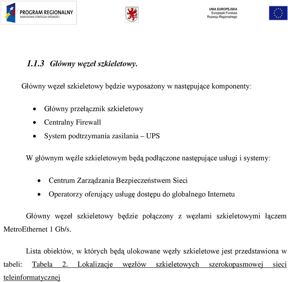 głównym węźle szkieletowym będą podłączone następujące usługi i systemy: Centrum Zarządzania Bezpieczeństwem Sieci Operatorzy oferujący usługę dostępu do