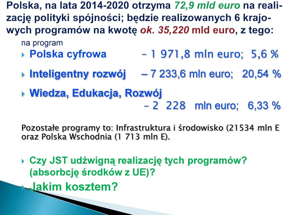 to: Infrastruktura i środowisko (21534 mln E oraz Polska Wschodnia (1 713 mln E).