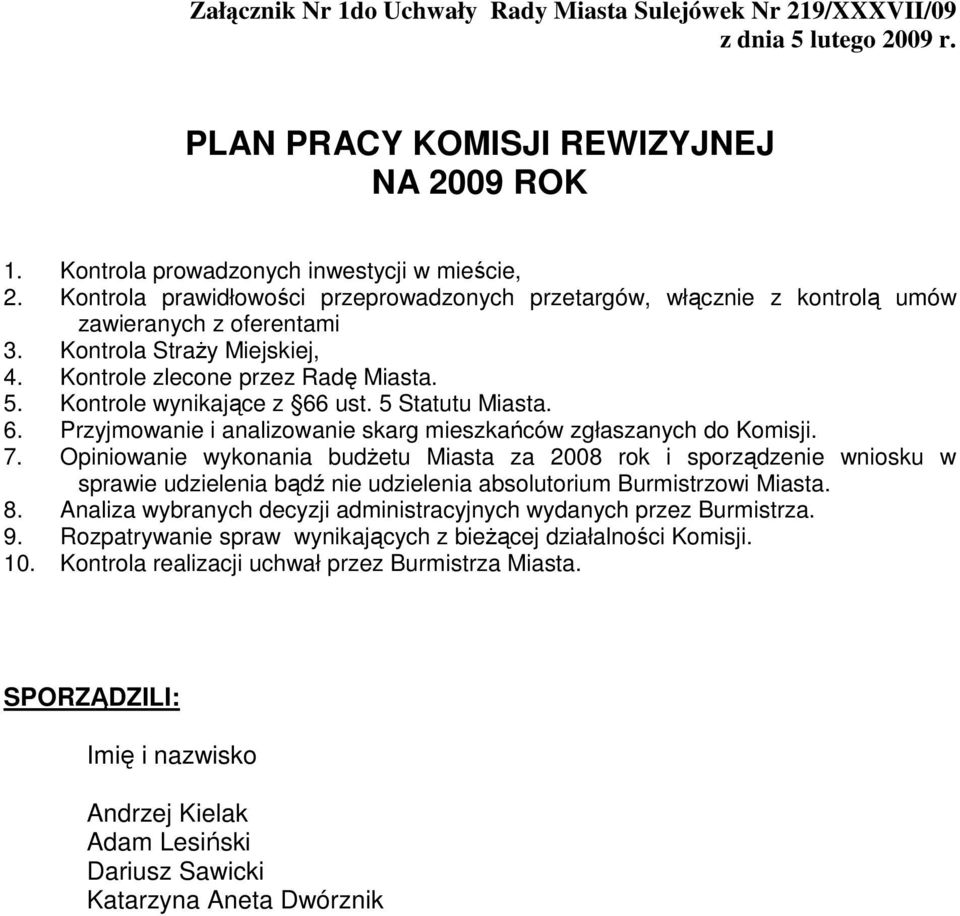 Kontrole wynikające z 66 ust. 5 Statutu Miasta. 6. Przyjmowanie i analizowanie skarg mieszkańców zgłaszanych do Komisji. 7.