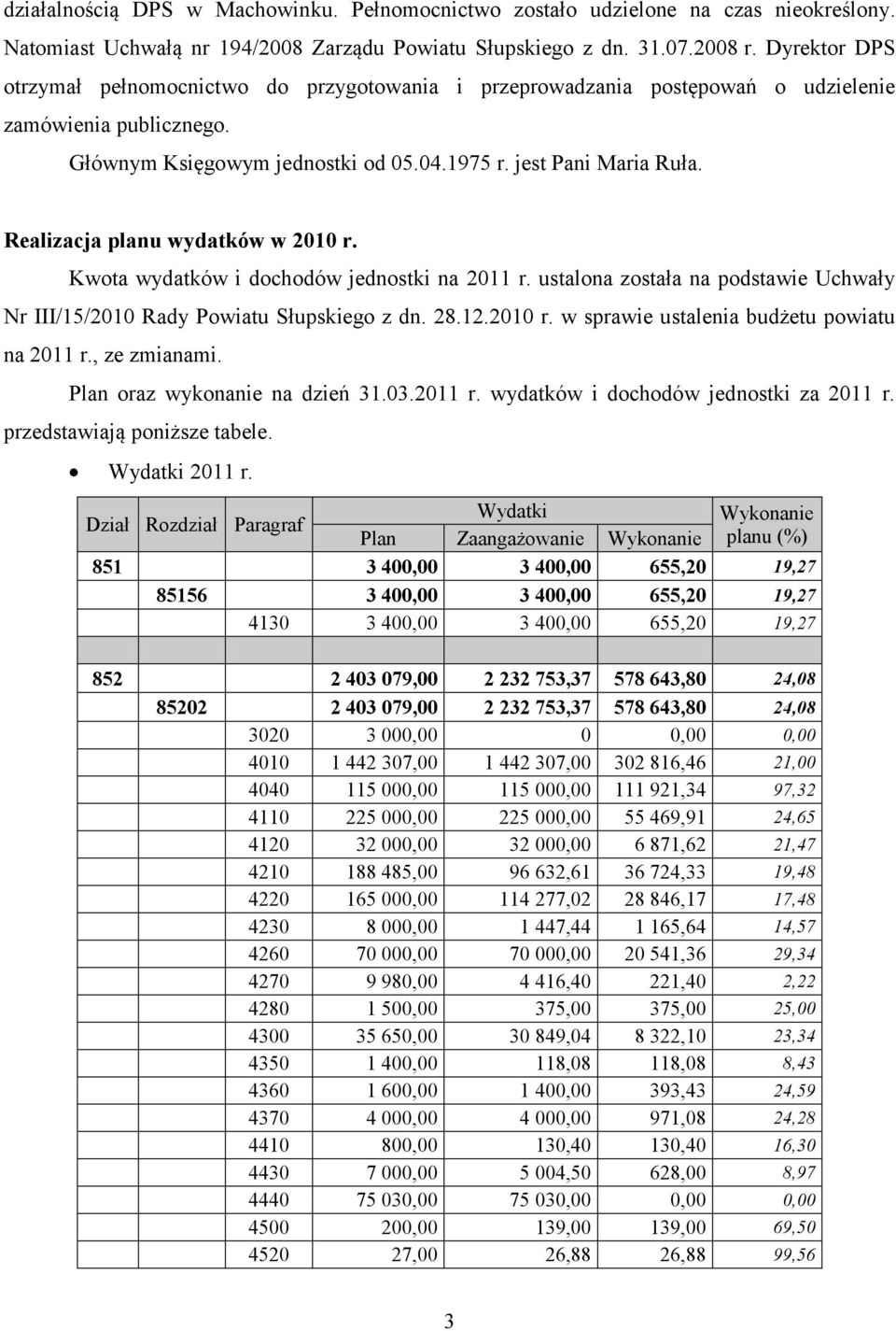 Realizacja planu wydatków w 2010 r. Kwota wydatków i dochodów jednostki na 2011 r. ustalona została na podstawie Uchwały Nr III/15/2010 Rady Powiatu Słupskiego z dn. 28.12.2010 r. w sprawie ustalenia budżetu powiatu na 2011 r.