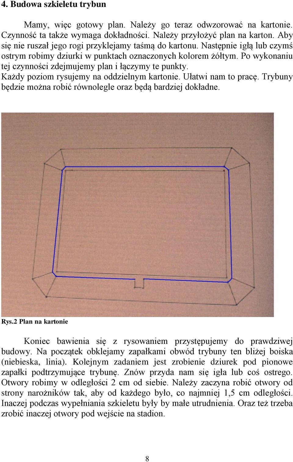 Po wykonaniu tej czynności zdejmujemy plan i łączymy te punkty. Każdy poziom rysujemy na oddzielnym kartonie. Ułatwi nam to pracę. Trybuny będzie można robić równolegle oraz będą bardziej dokładne.