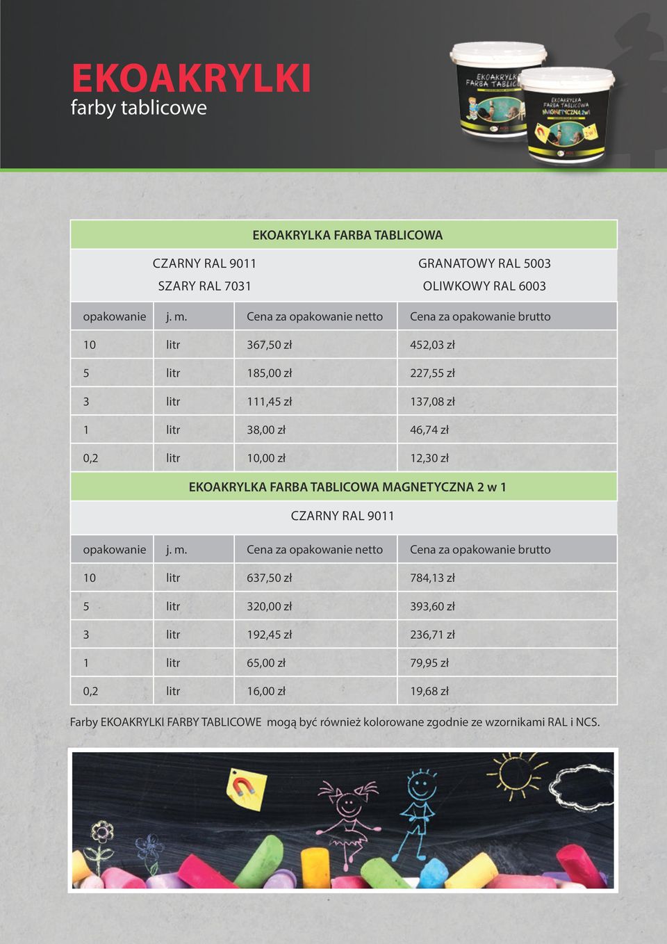 EKOAKRYLKA FARBA TABLICOWA MAGNETYCZNA 2 w 1 CZARNY RAL 9011 10 litr 637,50 zł 784,13 zł 5 litr 320,00 zł 393,60 zł 3 litr 192,45 zł