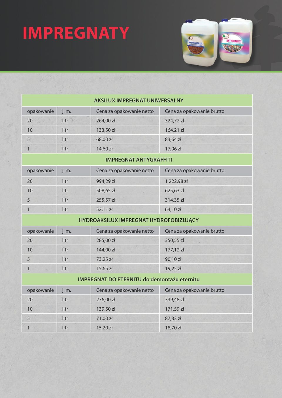 HYDROAKSILUX IMPREGNAT HYDROFOBIZUJĄCY 20 litr 285,00 zł 350,55 zł 10 litr 144,00 zł 177,12 zł 5 litr 73,25 zł 90,10 zł 1 litr 15,65 zł 19,25