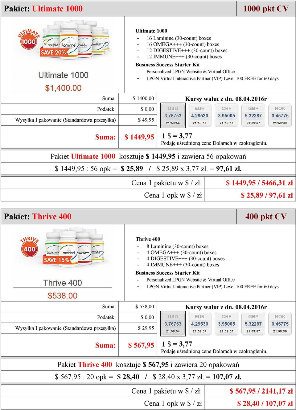 $ 1449,95 / 5466,31 zł $ 25,89 / 97,61 zł Pakiet: Thrive 400 400 pkt CV Thrive 400-8 Laminine (30-count) boxes - 4 OMEGA+++ (30-count) boxes - 4 DIGESTIVE+++ (30-count) boxes - 4 IMMUNE+++ (30-count)