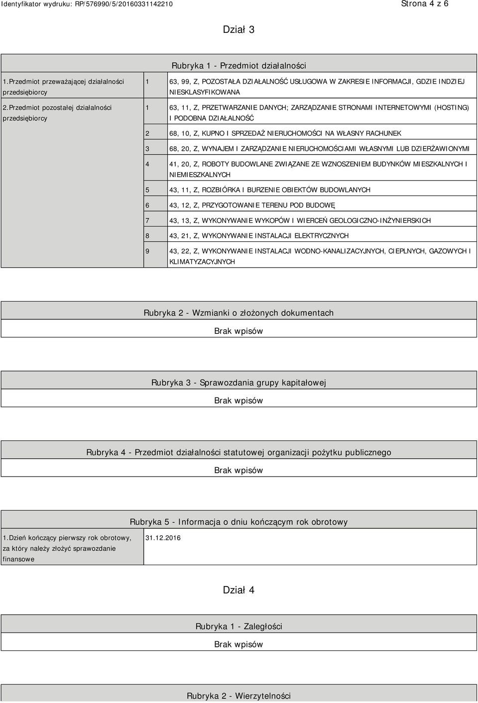 INTERNETOWYMI (HOSTING) I PODOBNA DZIAŁALNOŚĆ 2 68, 10, Z, KUPNO I SPRZEDAŻ RUCHOMOŚCI NA WŁASNY RACHUNEK 3 68, 20, Z, WYNAJEM I ZARZĄDZA RUCHOMOŚCIAMI WŁASNYMI LUB DZIERŻAWIONYMI 4 41, 20, Z, ROBOTY