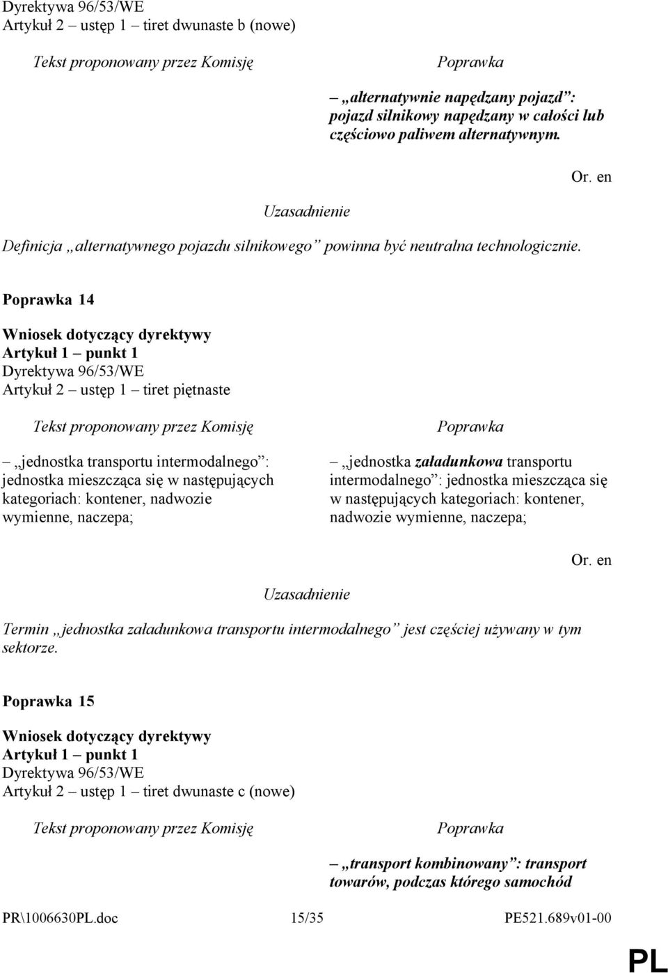 14 Artykuł 1 punkt 1 Artykuł 2 ustęp 1 tiret piętnaste jednostka transportu intermodalnego : jednostka mieszcząca się w następujących kategoriach: kontener, nadwozie wymienne, naczepa; jednostka