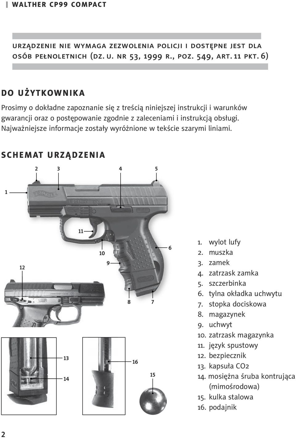 Najważniejsze informacje zostały wyróżnione w tekście szarymi liniami. Schemat urządzenia 2 3 4 5 1 11 12 13 14 10 9 8 7 16 15 6 1. wylot lufy 2. muszka 3. zamek 4. zatrzask zamka 5.