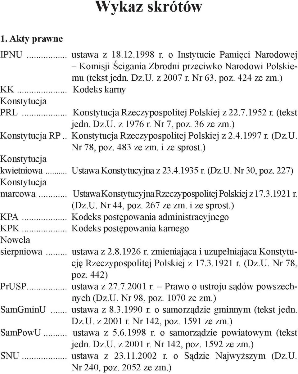 . Konstytucja Rzeczypospolitej Polskiej z 2.4.1997 r. (Dz.U. Nr 78, poz. 483 ze zm. i ze sprost.) Konstytucja kwietniowa... Ustawa Konstytucyjna z 23.4.1935 r. (Dz.U. Nr 30, poz.