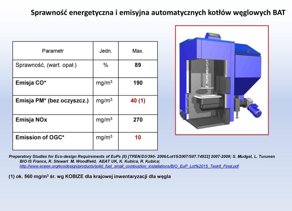 ) mg/m 3 40 (1) Emisja NOx mg/m 3 270 Emission of OGC* mg/m 3 10 Preparatory Studies for Eco-design Requirements of EuPs (II)