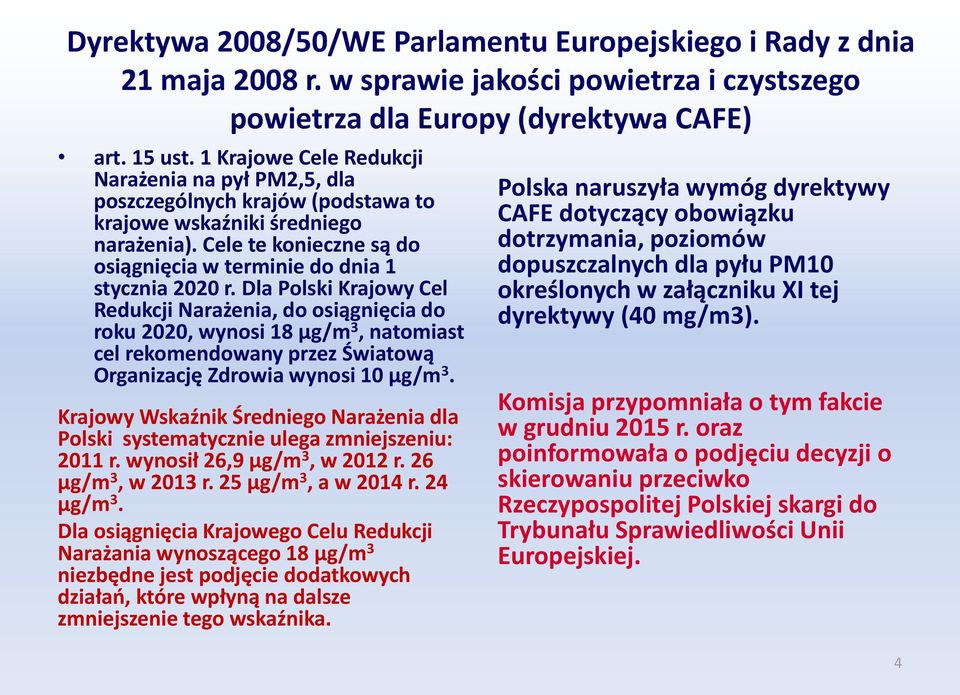 Dla Polski Krajowy Cel Redukcji Narażenia, do osiągnięcia do roku 2020, wynosi 18 µg/m 3, natomiast cel rekomendowany przez Światową Organizację Zdrowia wynosi 10 µg/m 3.