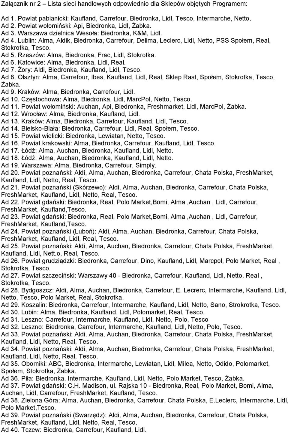 Lublin: Alma, Aldik, Biedronka, Carrefour, Delima, Leclerc, Lidl, Netto, PSS Społem, Real, Stokrotka, Tesco. Ad 5. Rzeszów: Alma, Biedronka, Frac, Lidl, Stokrotka. Ad 6.