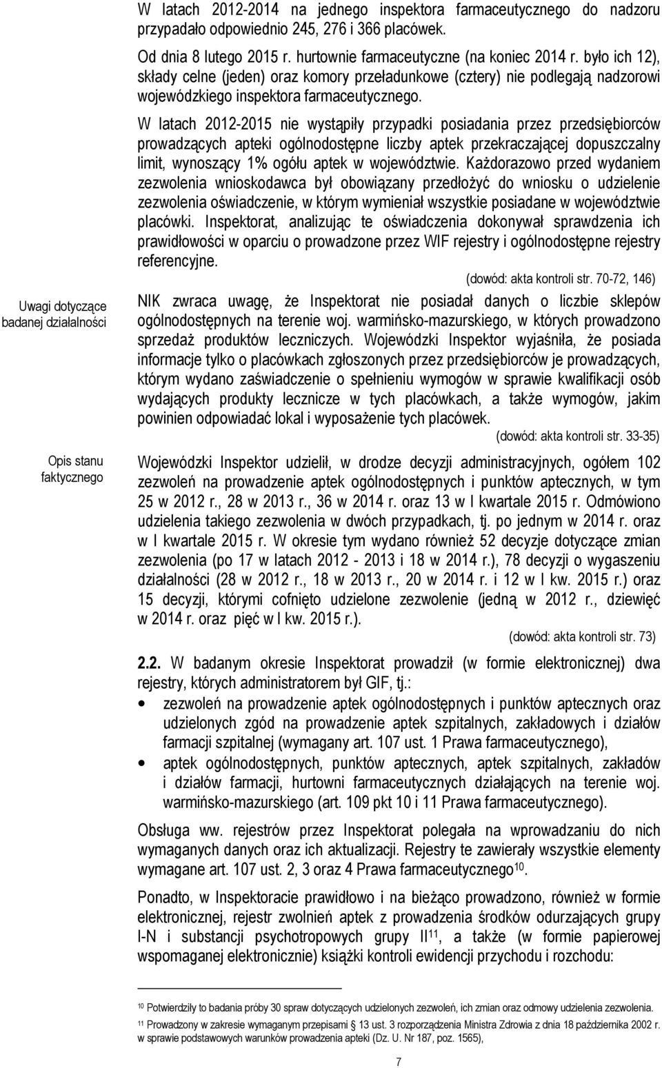 Uwagi dotyczące badanej działalności Opis stanu faktycznego W latach 2012-2015 nie wystąpiły przypadki posiadania przez przedsiębiorców prowadzących apteki ogólnodostępne liczby aptek przekraczającej