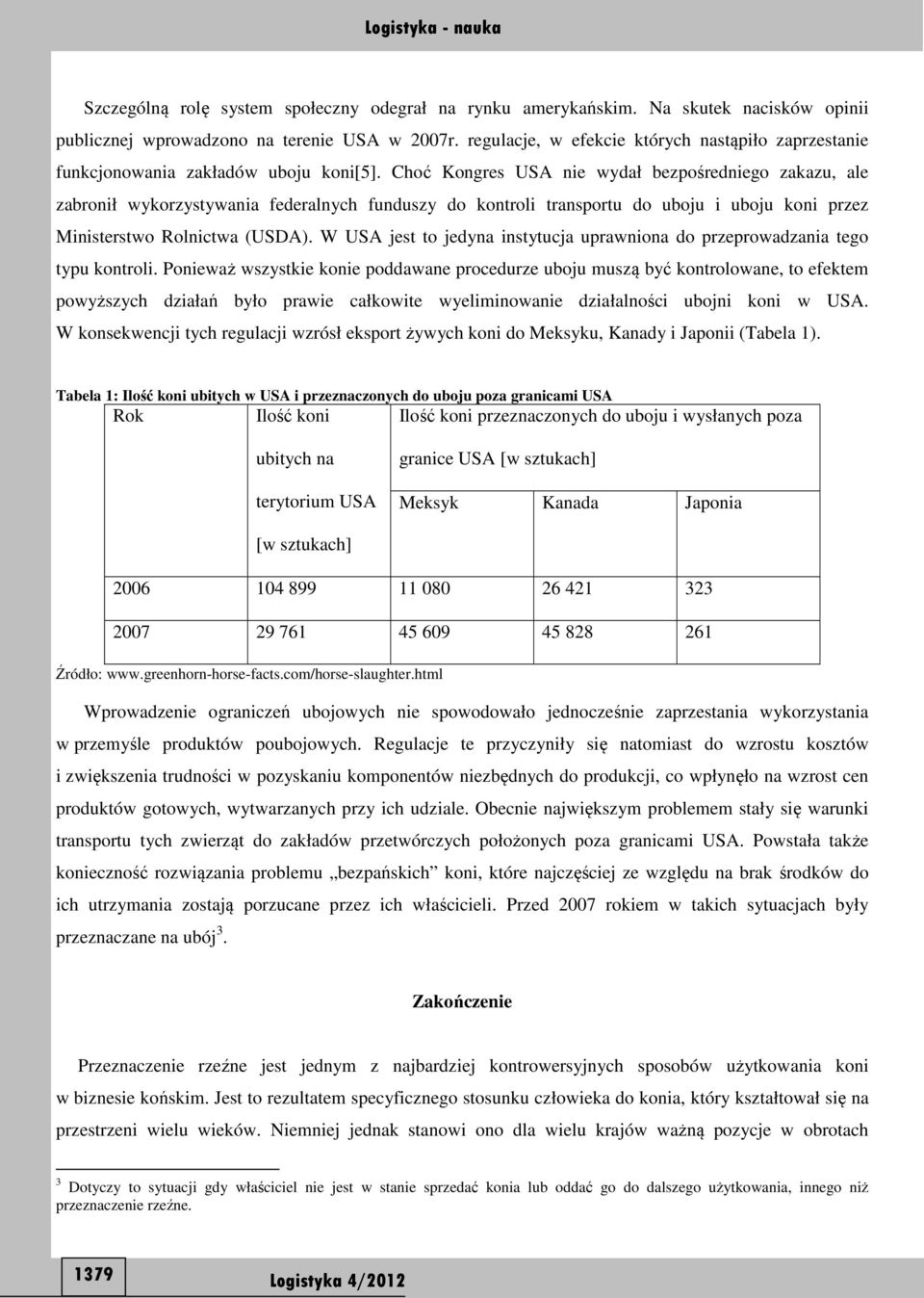 Choć Kongres USA nie wydał bezpośredniego zakazu, ale zabronił wykorzystywania federalnych funduszy do kontroli transportu do uboju i uboju koni przez Ministerstwo Rolnictwa (USDA).