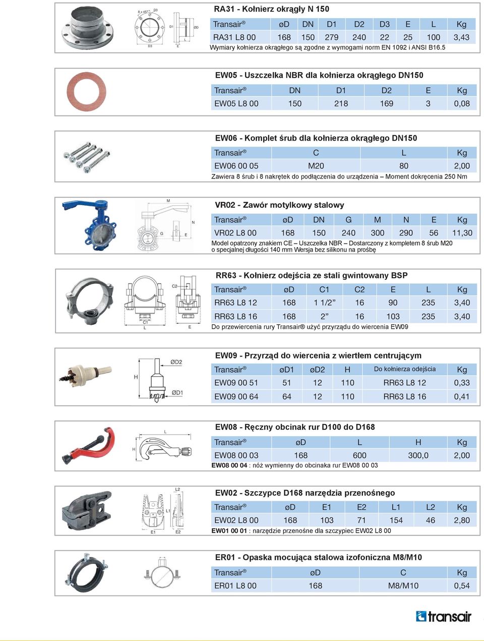 8 śrub i 8 nakrętek do podłączenia do urządzenia Moment dokręcenia 250 Nm M VR02 - Zawór motylkowy stalowy N Transair ød DN G M N E Kg G E VR02 8 00 168 150 240 300 290 56 11,30 Model opatrzony