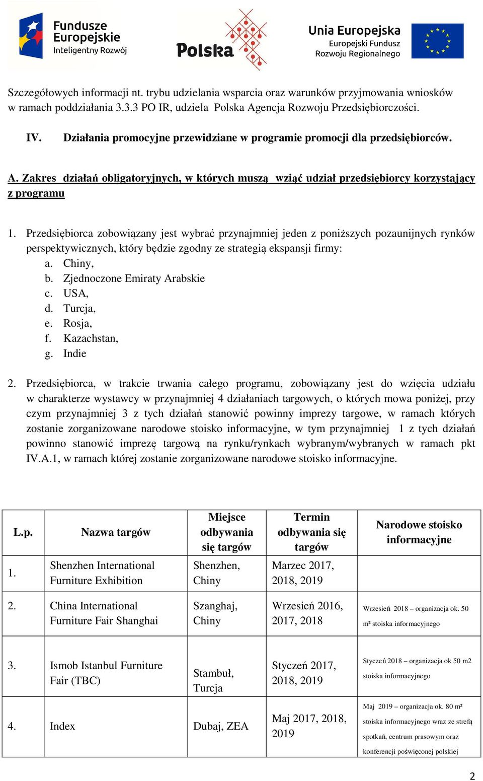 Przedsiębiorca zobowiązany jest wybrać przynajmniej jeden z poniższych pozaunijnych rynków perspektywicznych, który będzie zgodny ze strategią ekspansji firmy: a. Chiny, b.