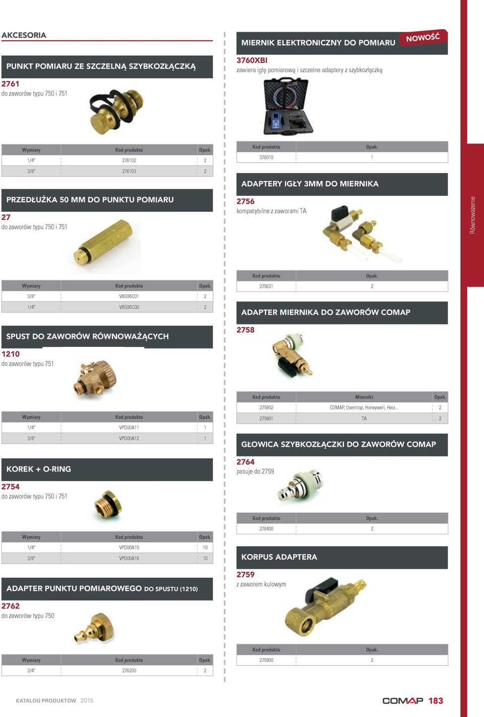 produktu 3/8" VBG95C01 2 1/4" VBG95C00 2 SPUST DO ZAWORÓW RÓWNOWAŻĄCYCH 1210 do zaworów typu 751 Kod produktu 275631 2 ADAPTER MIERNIKA DO ZAWORÓW COMAP 2758 Wymiary Kod produktu 1/4" VPD00A11 1 3/8"