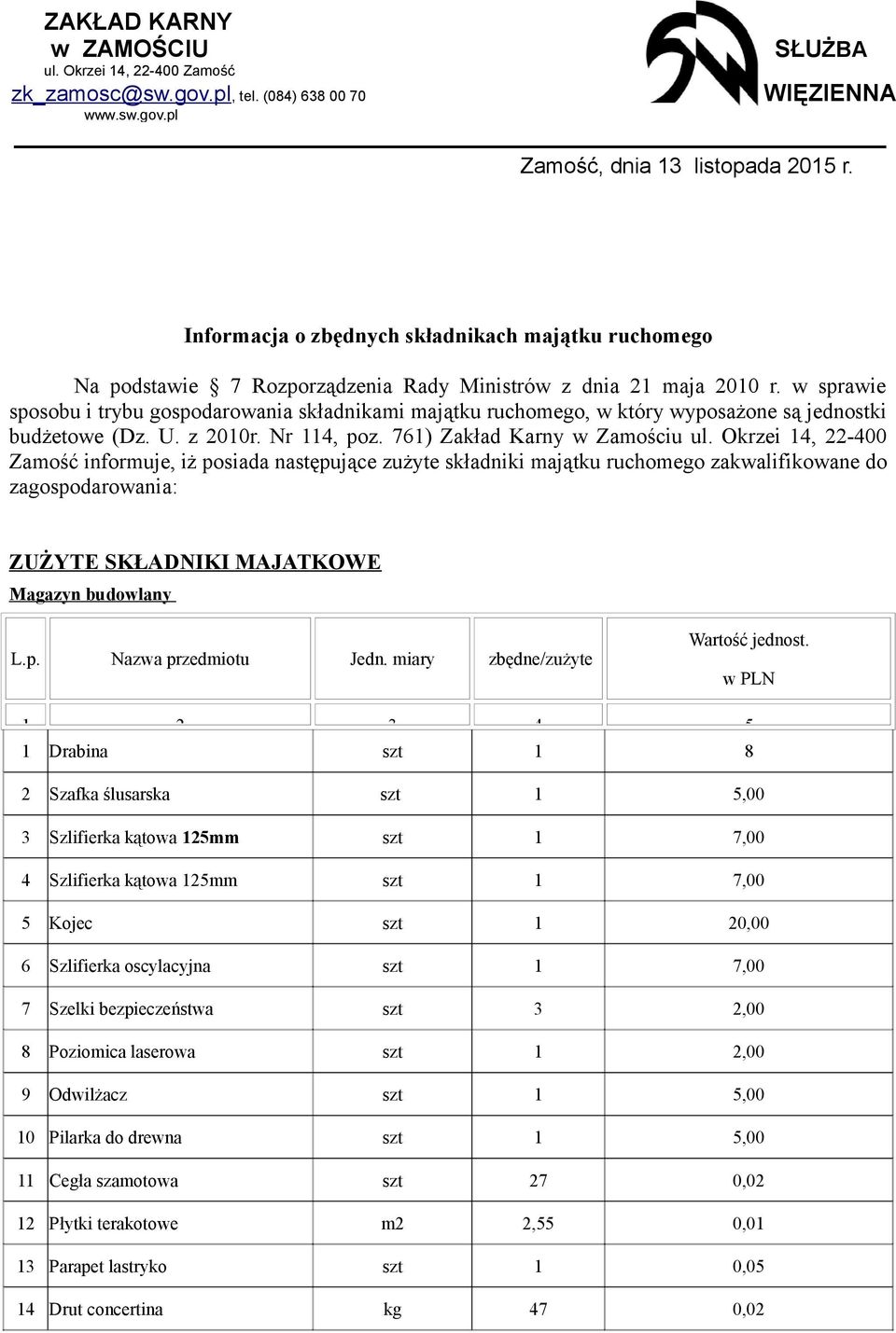 w sprawie sposobu i trybu gospodarowania składnikami majątku ruchomego, w który wyposażone są jednostki budżetowe (Dz. U. z 2010r. Nr 114, poz. 761) Zakład Karny w Zamościu ul.