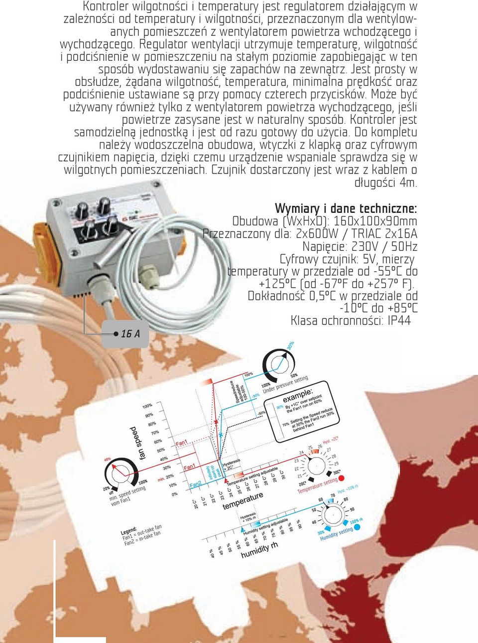 Jest prosty w obsłudze, żądana wilgotność, temperatura, minimalna prędkość oraz podciśnienie ustawiane są przy pomocy czterech przycisków.
