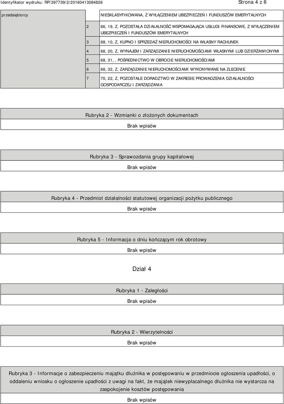 68, 32, Z, ZARZĄDZA RUCHOMOŚCIAMI WYKONYWANE NA ZLECE 7 70, 22, Z, POZOSTAŁE DORADZTWO W ZAKRESIE PROWADZENIA DZIAŁALNOŚCI GOSPODARCZEJ I ZARZĄDZANIA Rubryka 2 - Wzmianki o złożonych dokumentach