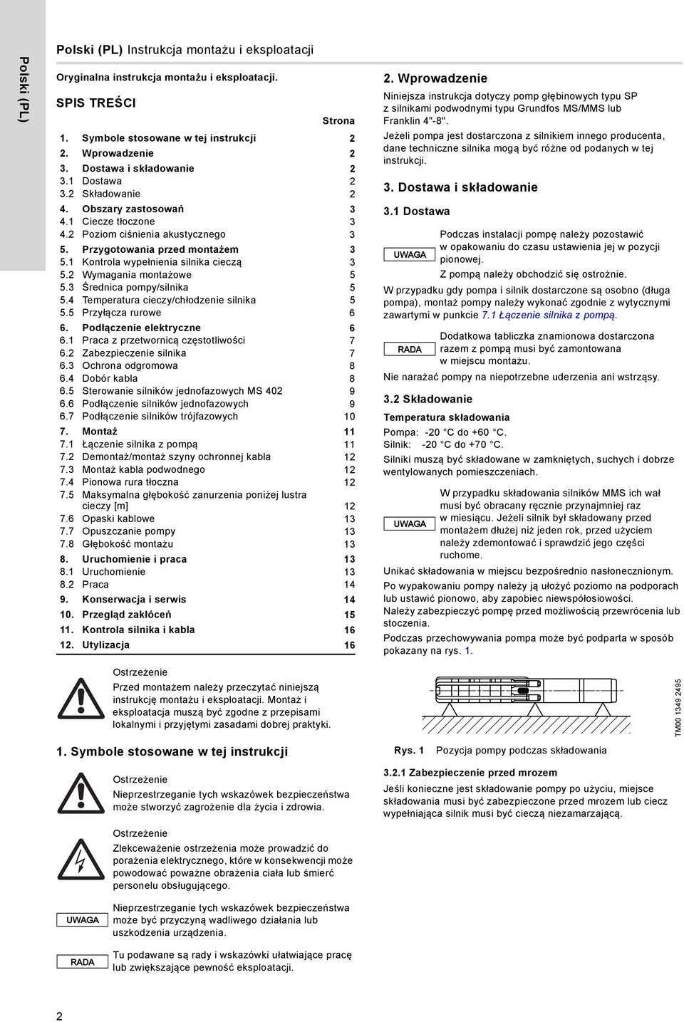 1 Kontrola wypełnienia silnika cieczą 3 5.2 Wymagania montażowe 5 5.3 Średnica pompy/silnika 5 5.4 Temperatura cieczy/chłodzenie silnika 5 5.5 Przyłącza rurowe 6 6. Podłączenie elektryczne 6 6.