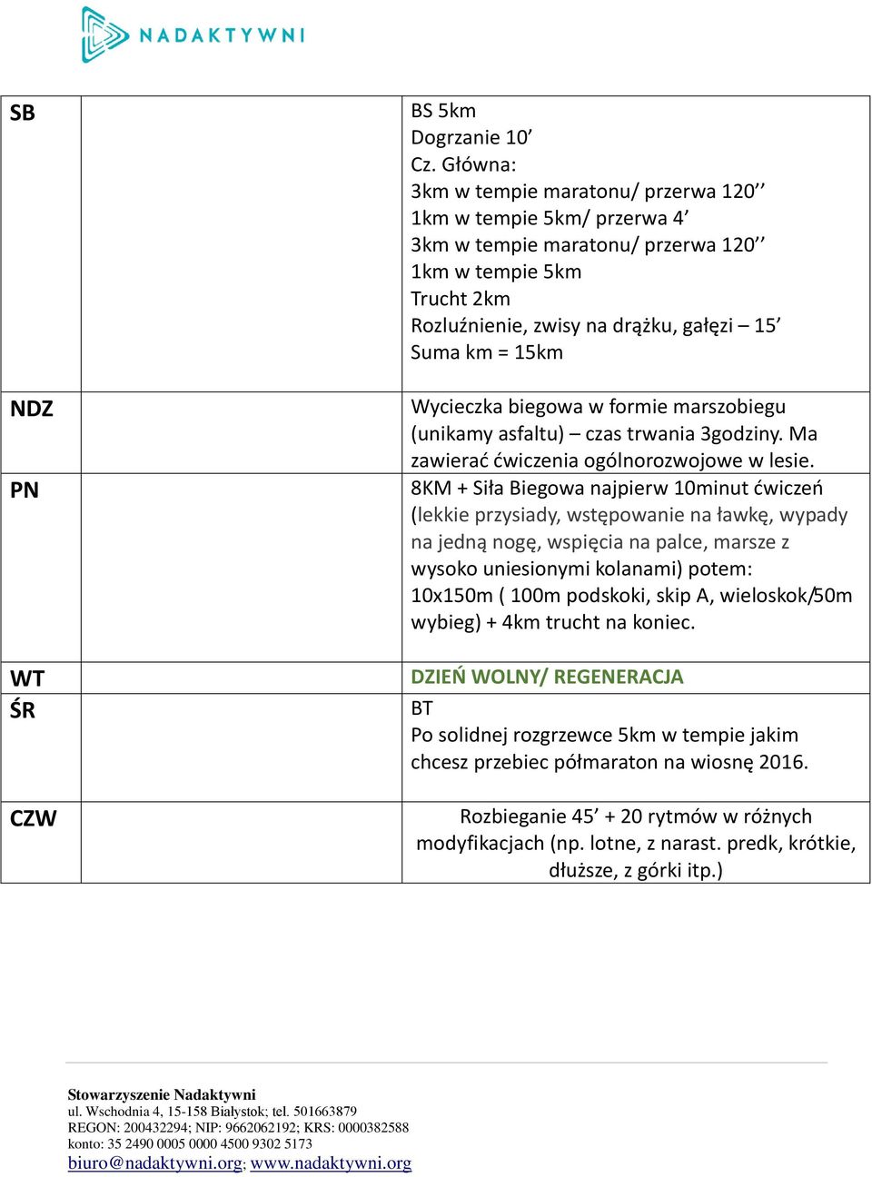 biegowa w formie marszobiegu (unikamy asfaltu) czas trwania 3godziny. Ma zawierać ćwiczenia ogólnorozwojowe w lesie.