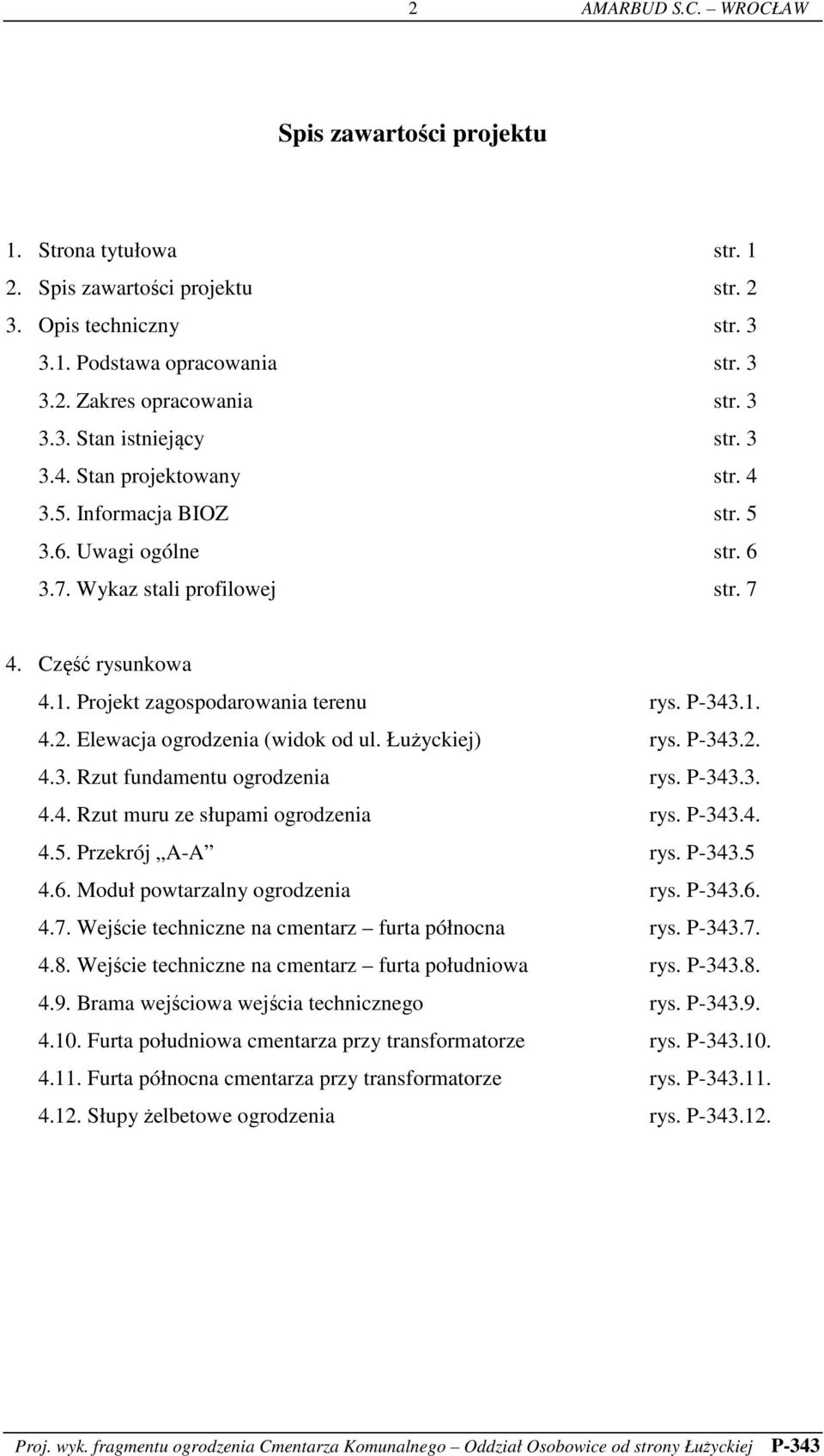 Elewacja ogrodzenia (widok od ul. Łużyckiej) rys. P-343.2. 4.3. Rzut fundamentu ogrodzenia rys. P-343.3. 4.4. Rzut muru ze słupami ogrodzenia rys. P-343.4. 4.5. Przekrój A-A rys. P-343.5 4.6.