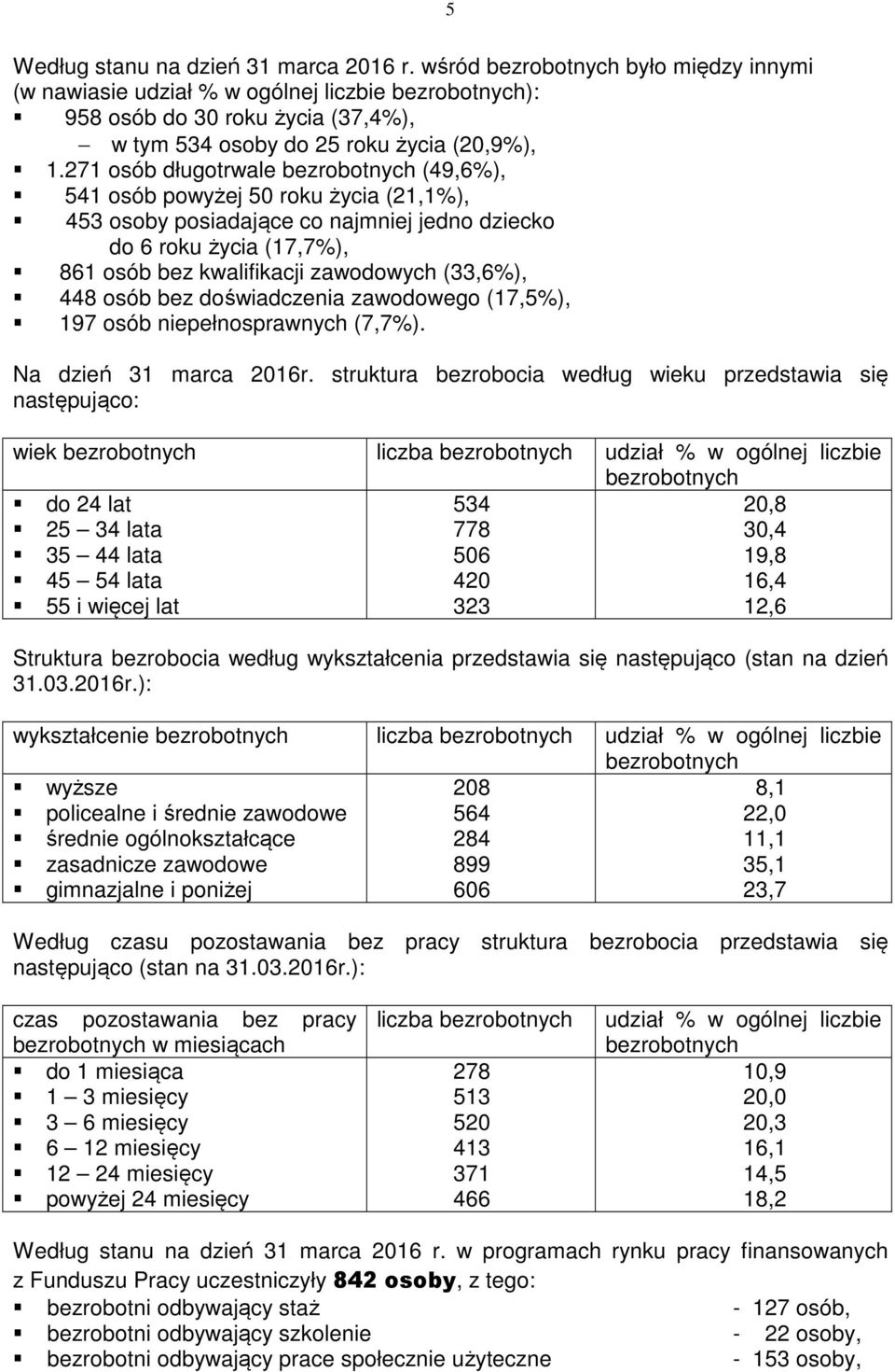 271 osób długotrwale bezrobotnych (49,6%), 541 osób powyżej 50 roku życia (21,1%), 453 osoby posiadające co najmniej jedno dziecko do 6 roku życia (17,7%), 861 osób bez kwalifikacji zawodowych