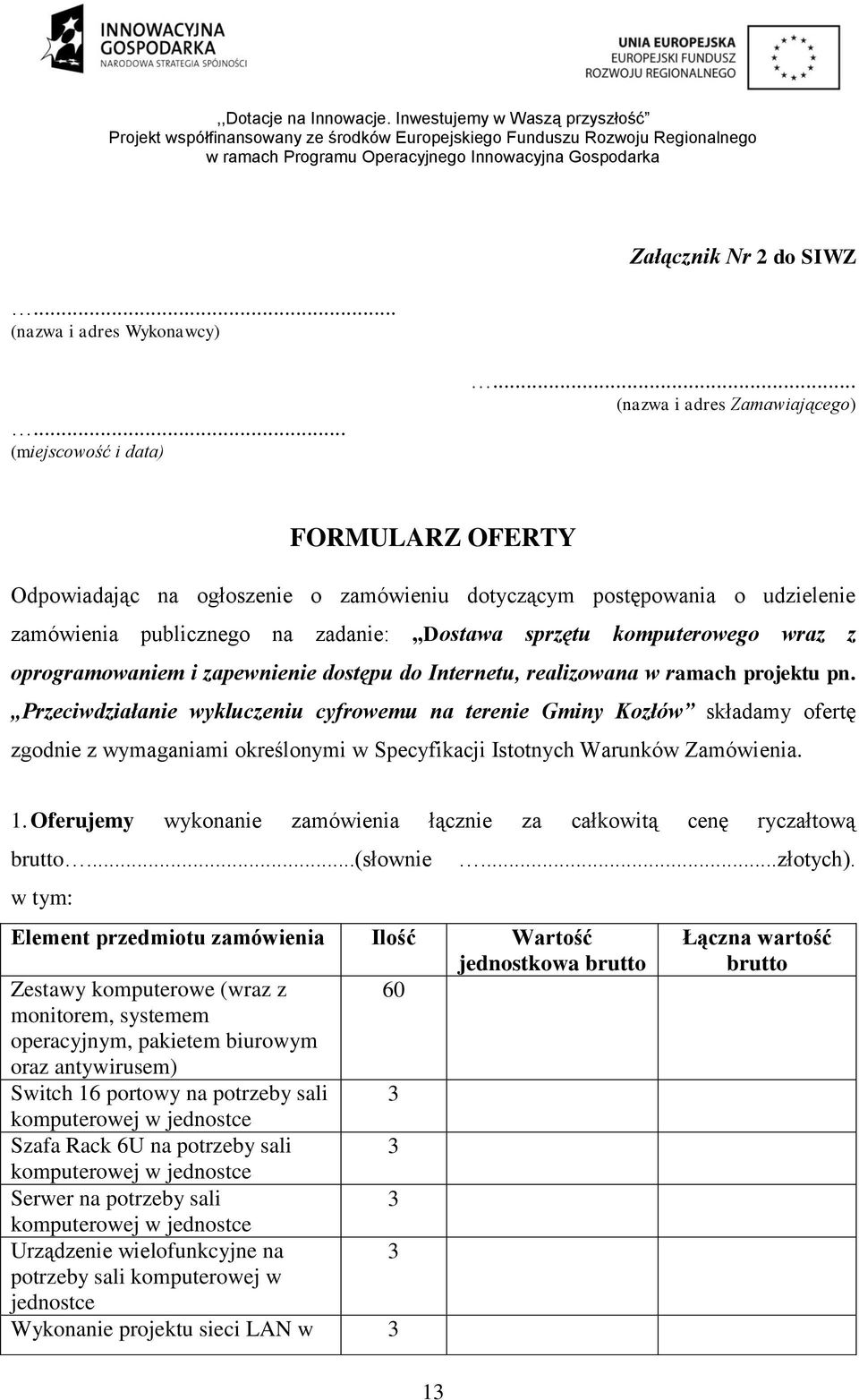oprogramowaniem i zapewnienie dostępu do Internetu, realizowana w ramach projektu pn.