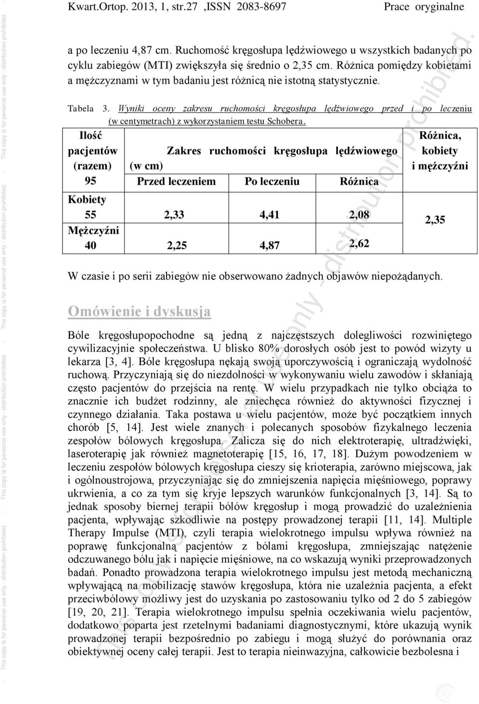Wyniki oceny zakresu ruchomości kręgosłupa lędźwiowego przed i po leczeniu (w centymetrach) z wykorzystaniem testu Schobera.