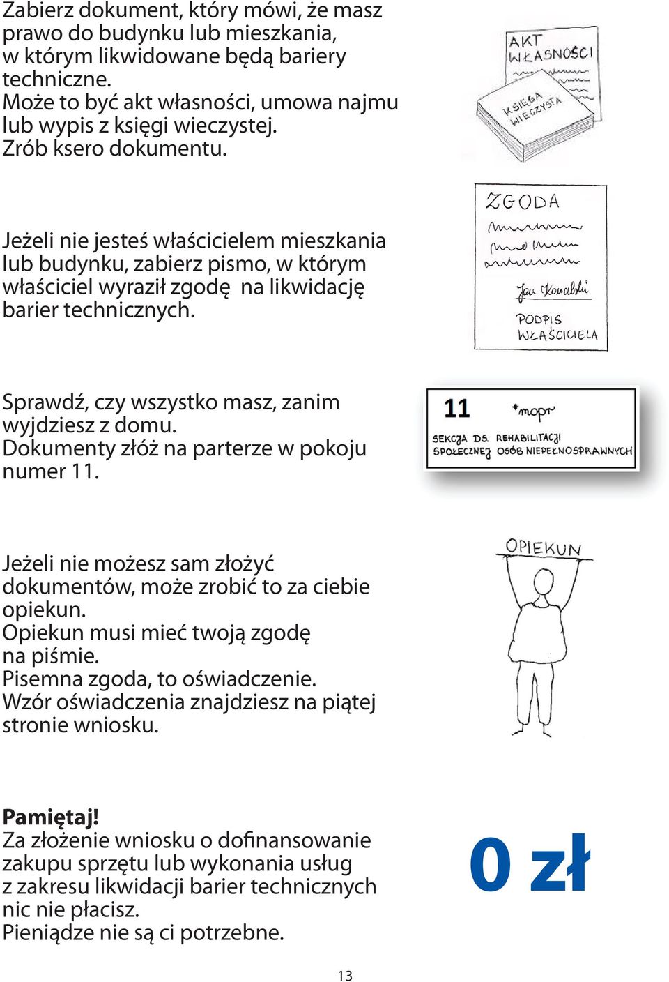 Sprawdź, czy wszystko masz, zanim wyjdziesz z domu. Dokumenty złóż na parterze w pokoju numer 11. Jeżeli nie możesz sam złożyć dokumentów, może zrobić to za ciebie opiekun.