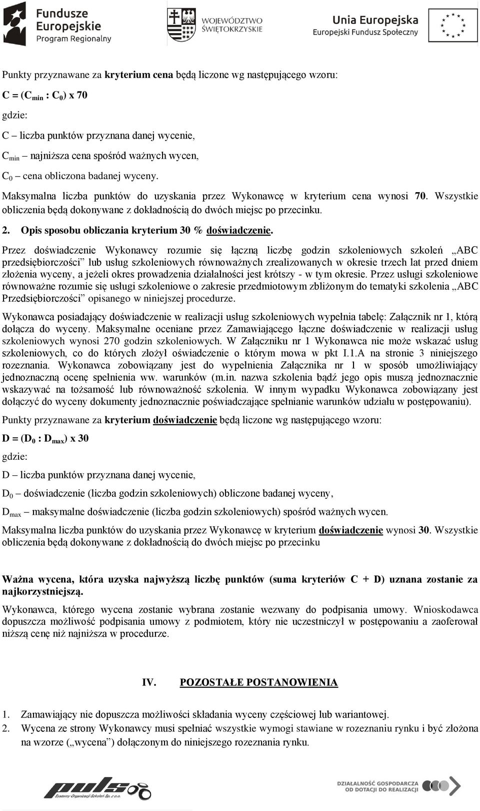Opis sposobu obliczania kryterium 30 % doświadczenie.